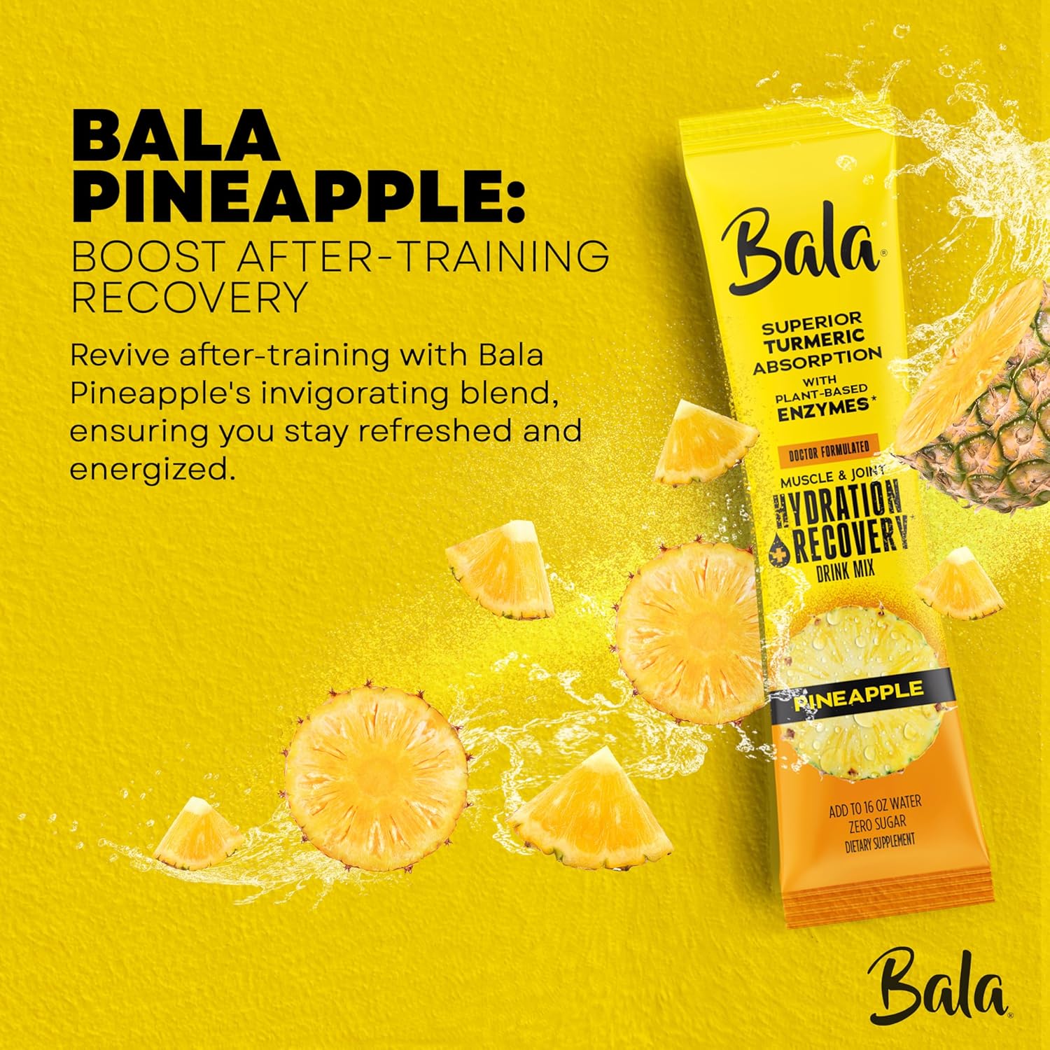 Bala Enzyme Hydration & Sugar-Free Drink Mix - Turmeric, Bromelain, Papain - Immunity, Mobility - Pineapple 0.25oz (30 Count)
