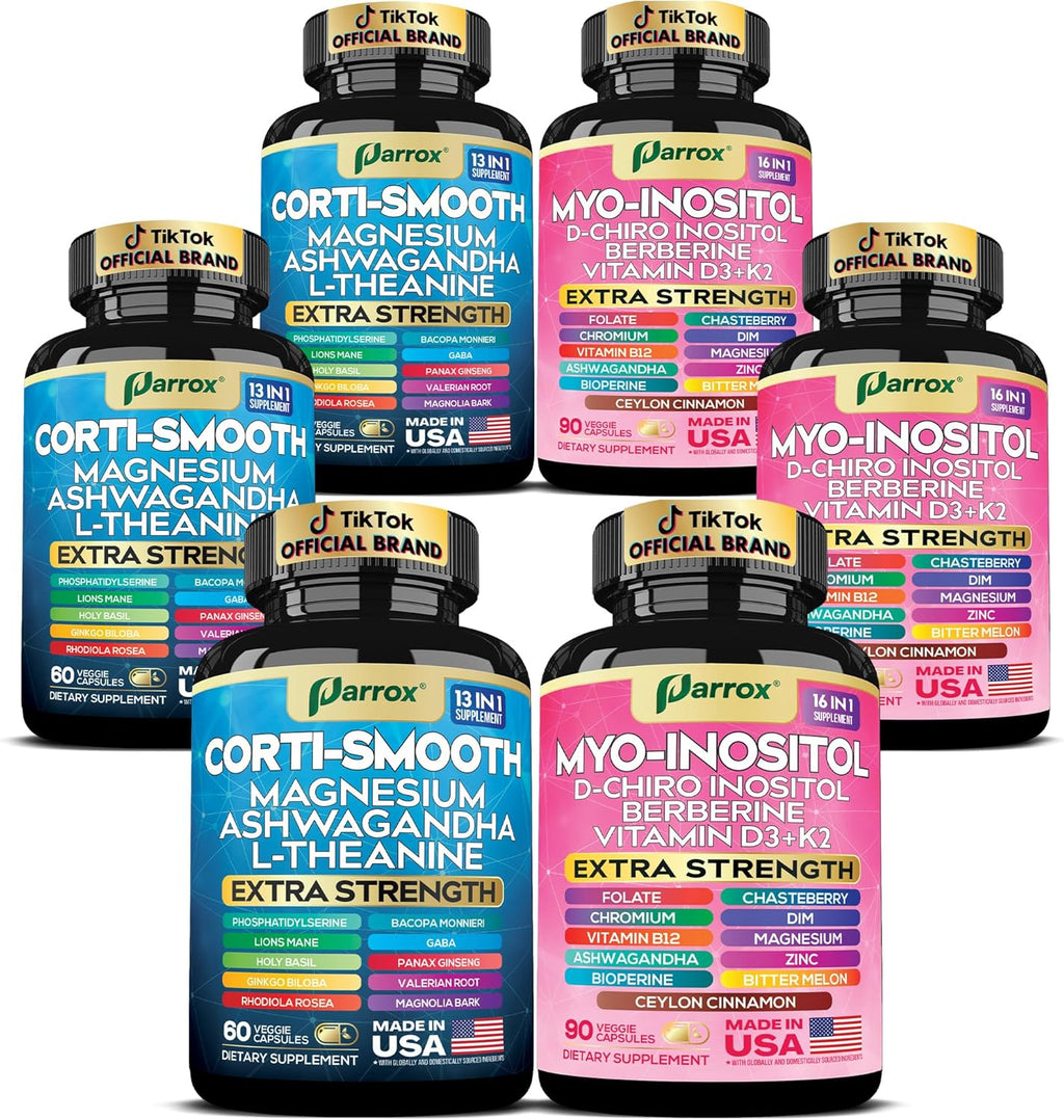 Cortisol & Myo-Inositol Supplement Bundle, Soothe & Smooth Bundle, Cortisol Balance, GABA, Magnesium, Ashwagandha, L-Theanine, D-Chiro Inositol, Folate, Berberine, Chasteberry, Zinc (3 Pack)