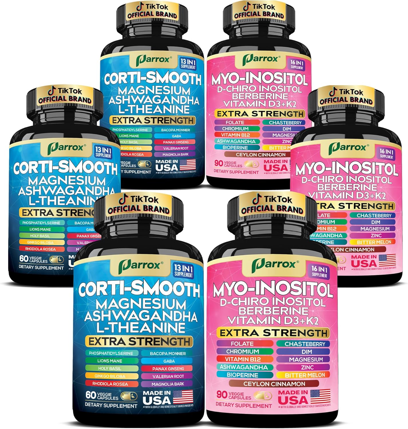 Cortisol & Myo-Inositol Supplement Bundle, Soothe & Smooth Bundle, Cortisol Balance, GABA, Magnesium, Ashwagandha, L-Theanine, D-Chiro Inositol, Folate, Berberine, Chasteberry, Zinc (3 Pack)