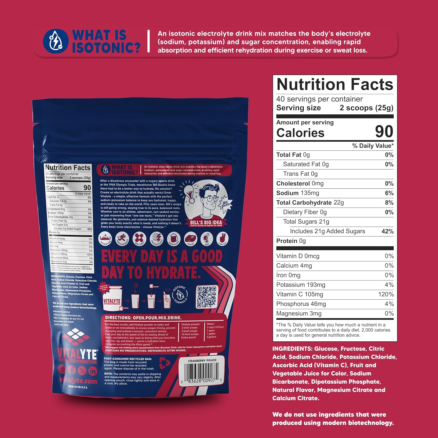 Vitalyte Electrolyte Powder Drink Mix, Isotonic Electrolyte Hydration Mix, Case Pack (6 Pack, Cranberry Frost)