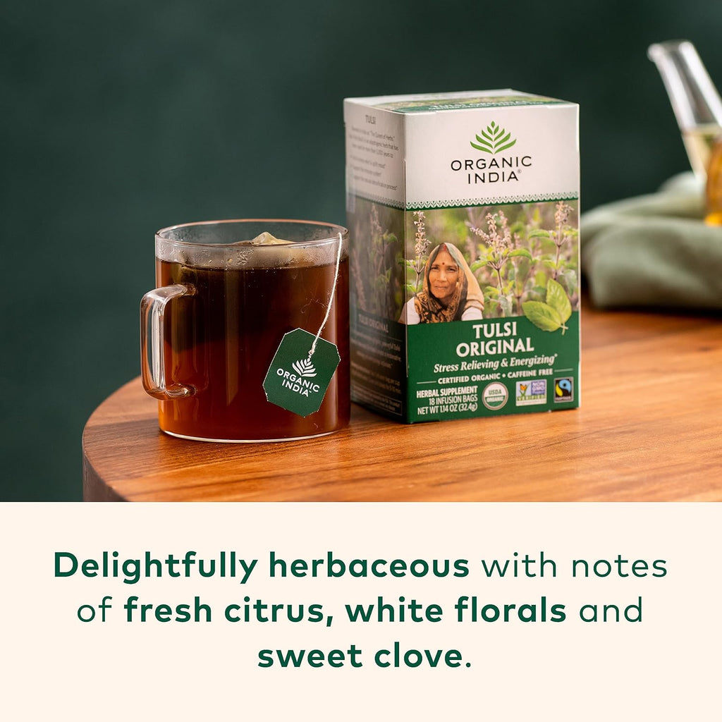 ORGANIC INDIA Tulsi Original Herbal Tea - Holy Basil and African Basil Calming and Stress Relief Tea, Immune Support, USDA Certified Organic, Non-GMO, Caffeine-Free - 18 Infusion Bags, 6 Pack
