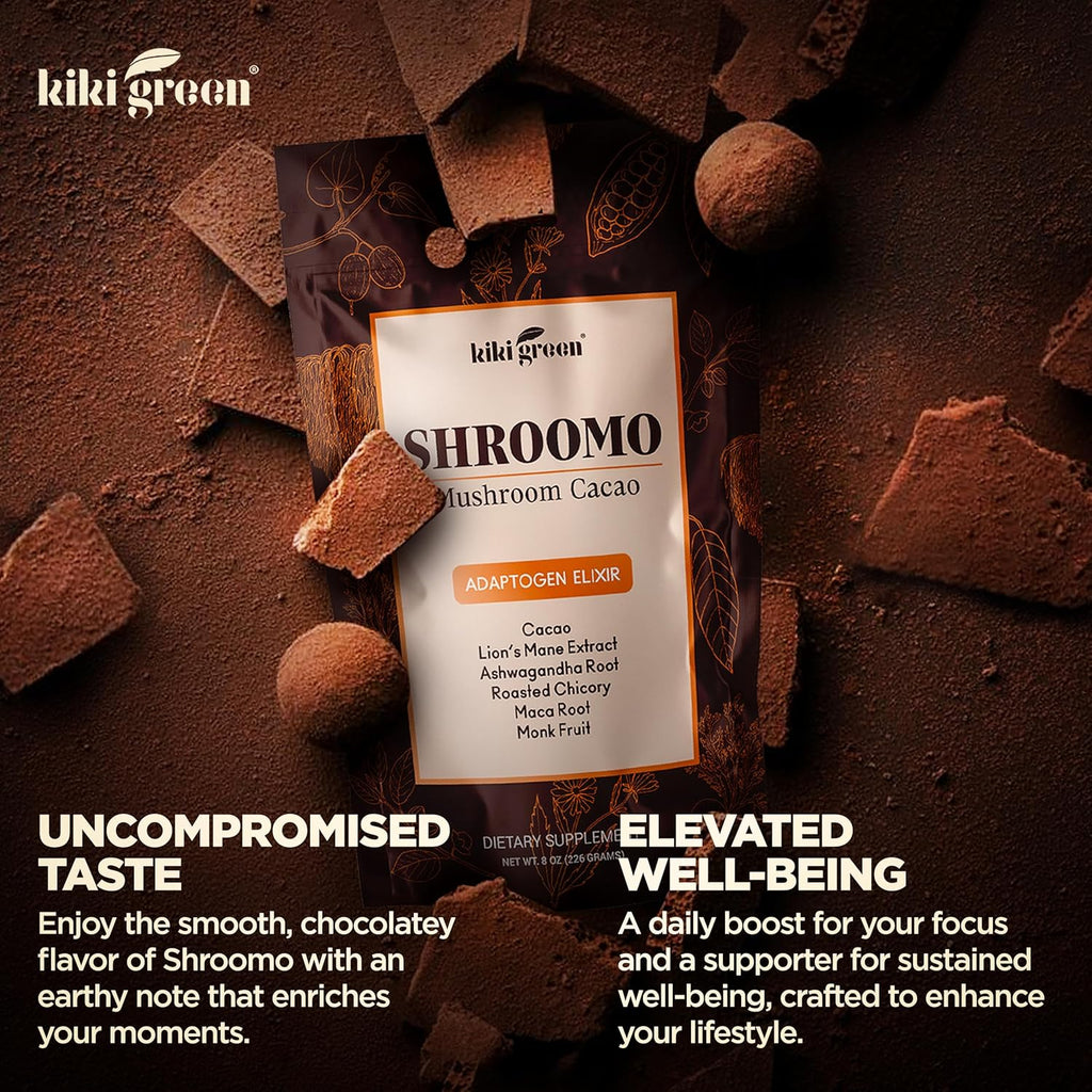 Shroomo Mushroom Coffee Alternative - Master Blend of Lion's Mane, Ashwagandha, Maca Root, Roasted Chicory, Monk Fruit For Mental Clarity, Energy, Focus - Cacao Hot Chocolate Drink 8 oz by KIKI Green