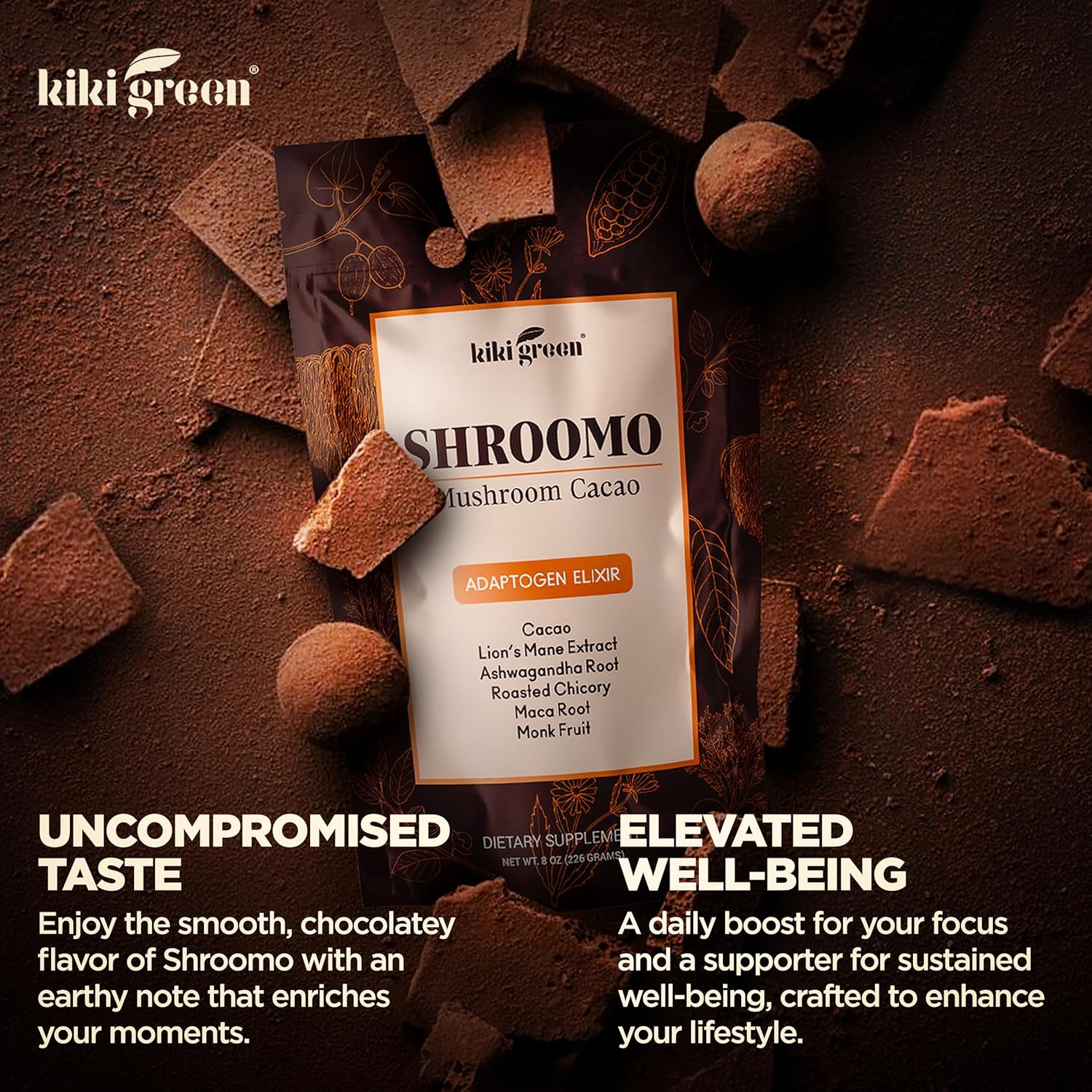 Shroomo Mushroom Coffee Alternative - Master Blend of Lion's Mane, Ashwagandha, Maca Root, Roasted Chicory, Monk Fruit For Mental Clarity, Energy, Focus - Cacao Hot Chocolate Drink 8 oz by KIKI Green