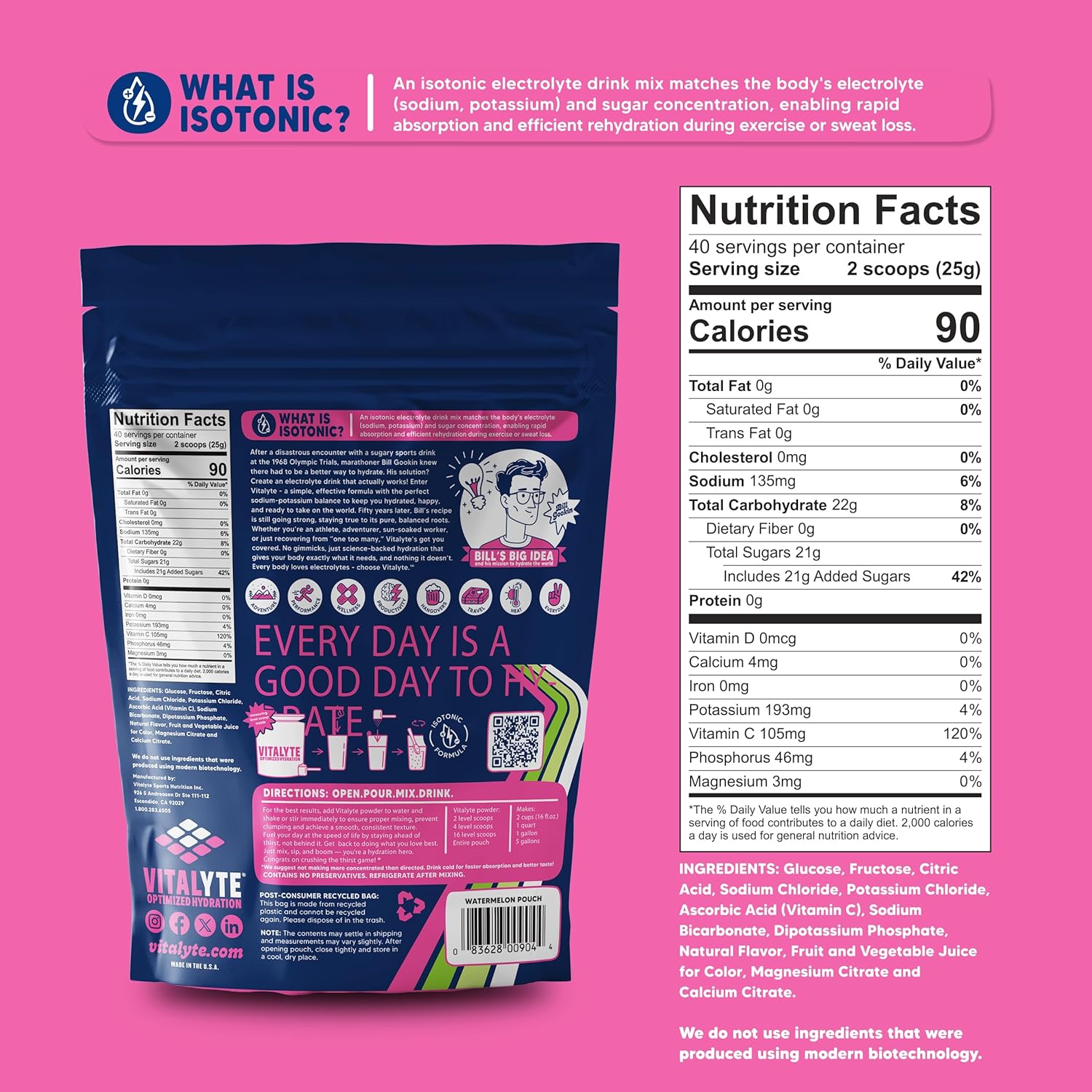 Vitalyte Electrolyte Powder Drink Mix, Isotonic Electrolyte Hydration Mix, Case Pack (6 Pack, Watermelon)