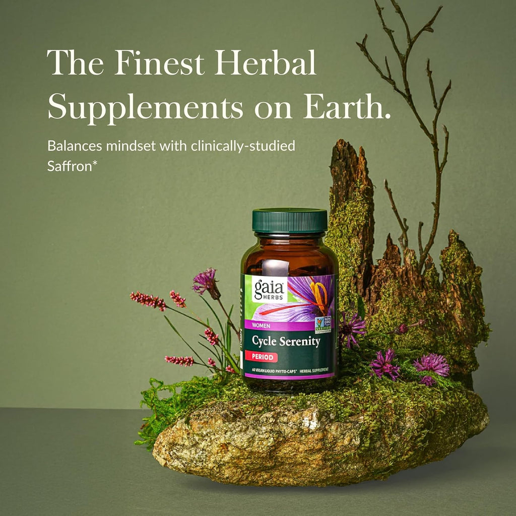 Gaia Herbs Cycle Serenity - Women's Hormonal Balance Supplement - Made with Fenugreek, Saffron, Turmeric & Hawthorn - Free from Gluten, Dairy & Soy - 60 Vegan Capsules (60 Servings)