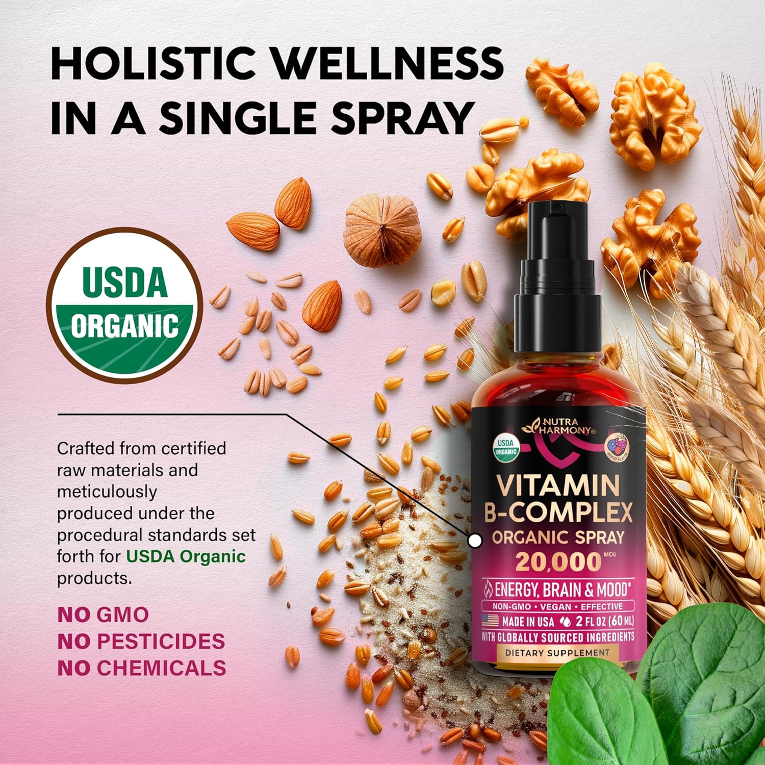 USDA Organic Vitamin B-Complex Liquid Spray 8-in-1 - B5 Pantothenic Acid | B12 Methylcobalamin | B1 Thiamine | B6 Pyridoxine | B7 Biotin | B9 Folic | B3 Niacinamide - Made in USA Supplement, 2fl oz