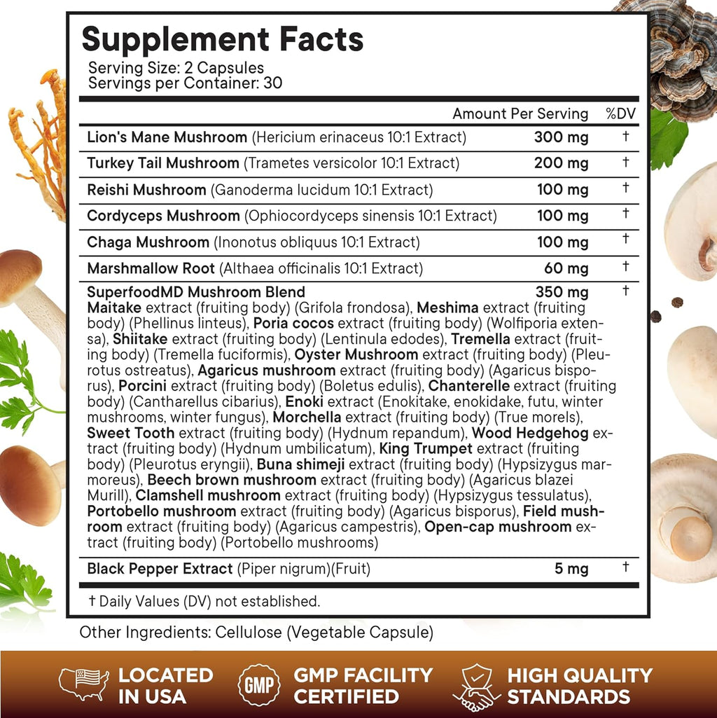 Lions Mane Mushroom Supplement with Turkey Tail Reishi Cordyceps Chaga with Marshmallow Root - 60 Count