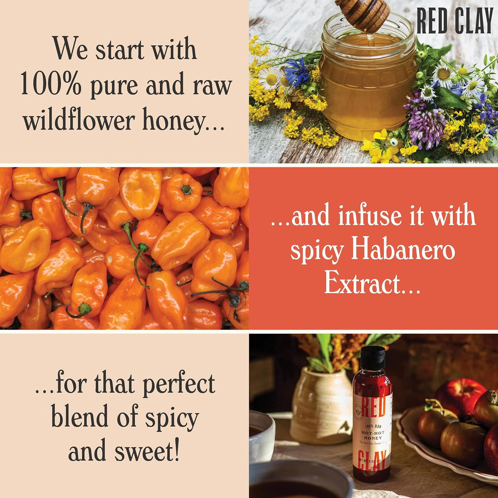 Red Clay Hot Honey - Gluten Free - Paleo Spicy Honey - 100% Pure, Raw Wildflower Honey - Infused Honey with Habanero Peppers - Sweet with a Kick of Heat - Great for Spicy Pizza Topping & More - 9 oz