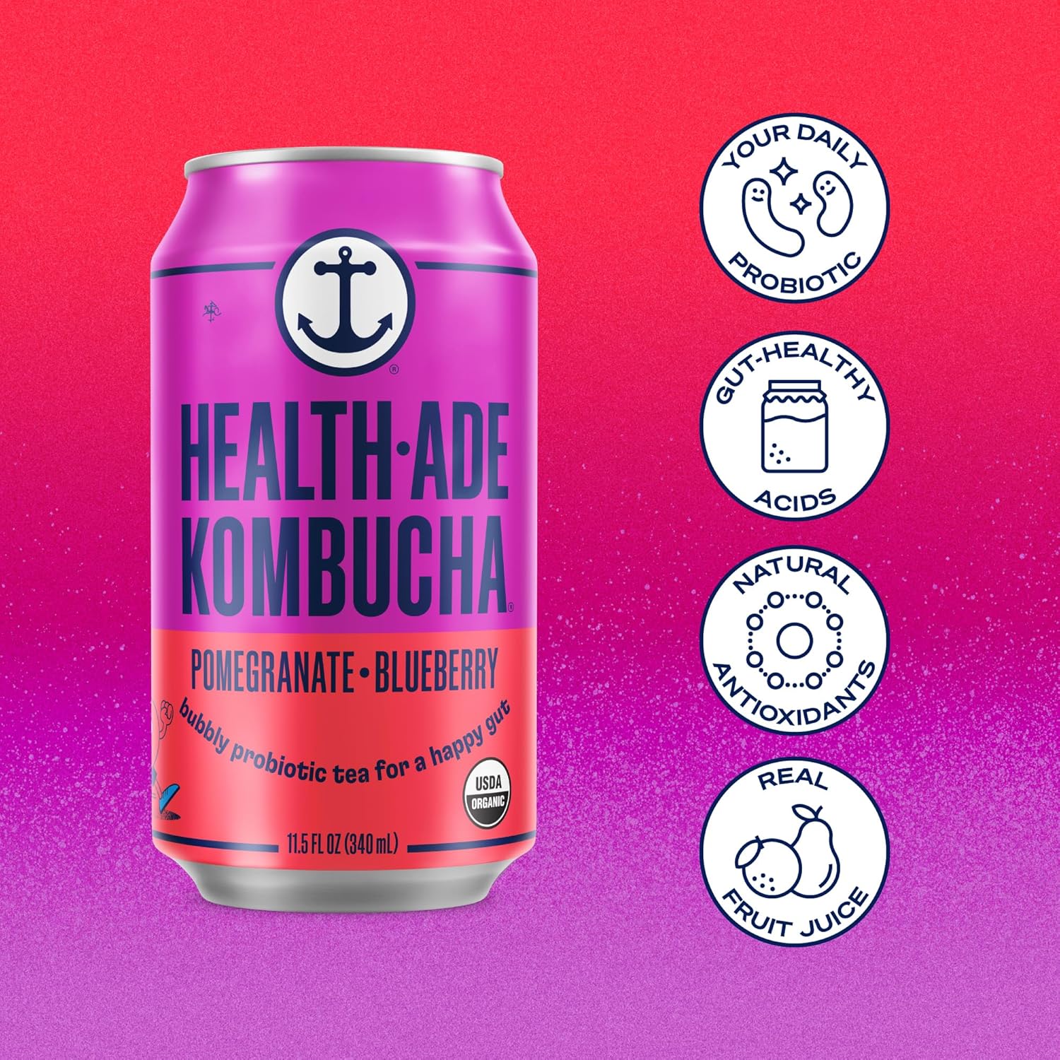Health-Ade Pomegranate Blueberry Kombucha, Organic Drink, 12-Pack (11.5 Fl Oz Cans) - Fermented Tea with Probiotics, Detoxifying Acids, Supports Gut Health - Non-GMO, Vegan, Gluten-Free