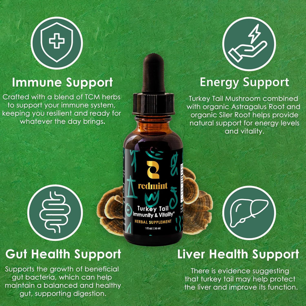 Redmint Turkey Tail Mushroom Herbal Tincture -Immunity & Vitality | Rooted in Ancient TCM Wisdom | Turkey Tail Extract for Immune Support and Digestive Health | Organic Mushroom Supplement | 1 Fl oz
