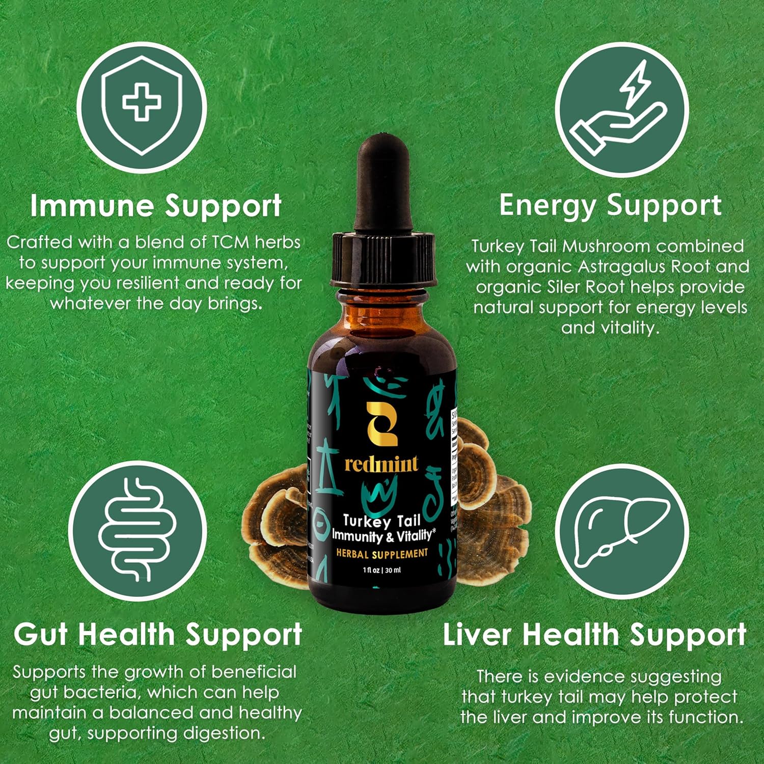 Redmint Turkey Tail Mushroom Herbal Tincture -Immunity & Vitality | Rooted in Ancient TCM Wisdom | Turkey Tail Extract for Immune Support and Digestive Health | Organic Mushroom Supplement | 1 Fl oz