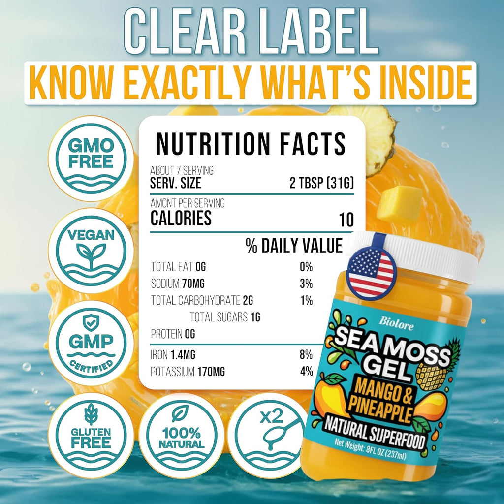 Biolore Sea Moss Gel Mango-Pineapple Made in USA Raw Wildcrafted Irish Seamoss Essential Vitamins Trace Minerals Vegan Superfood, Jam, Jelly & Sweet Spread Gifts (Mango-Pineapple 8OZ)