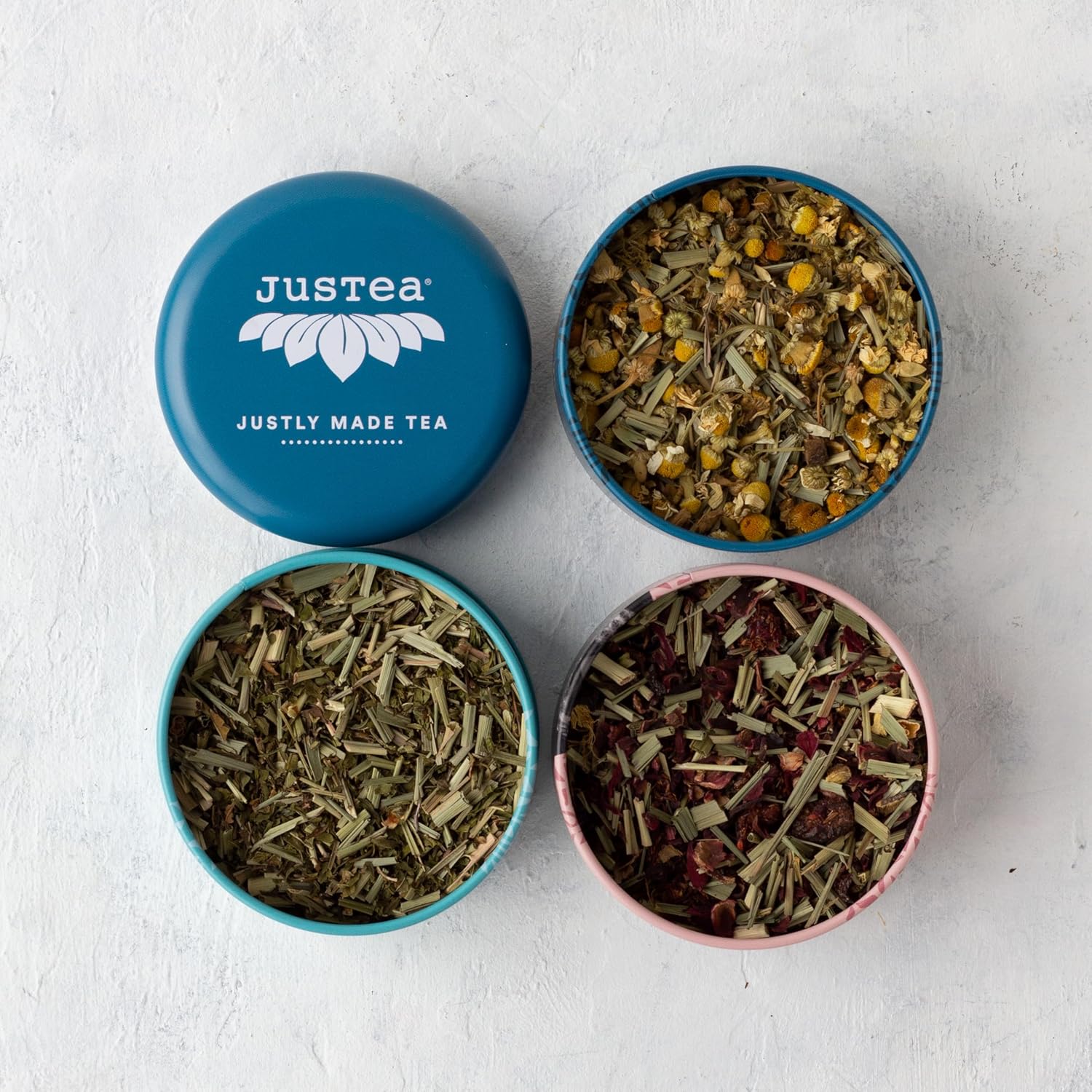 JusTea Herbal Tea Trio | Stacking Tins Variety Pack with Hand Carved Tea Spoon | Loose Leaf | Caffeine Free | Award-Winning | Fair Trade | Non-GMO