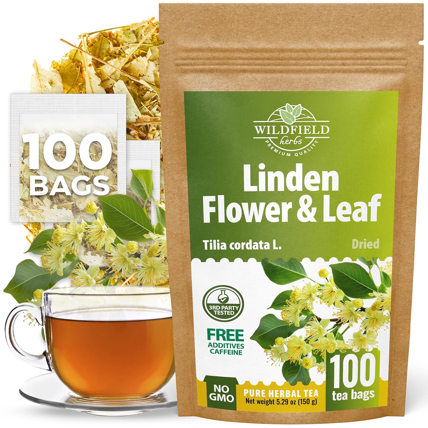 100 Bags Linden Tea Dried Linden Flower Tea Herbal (Tilia Cordata) - 100 Count 1.5g Bags Herb Lipa