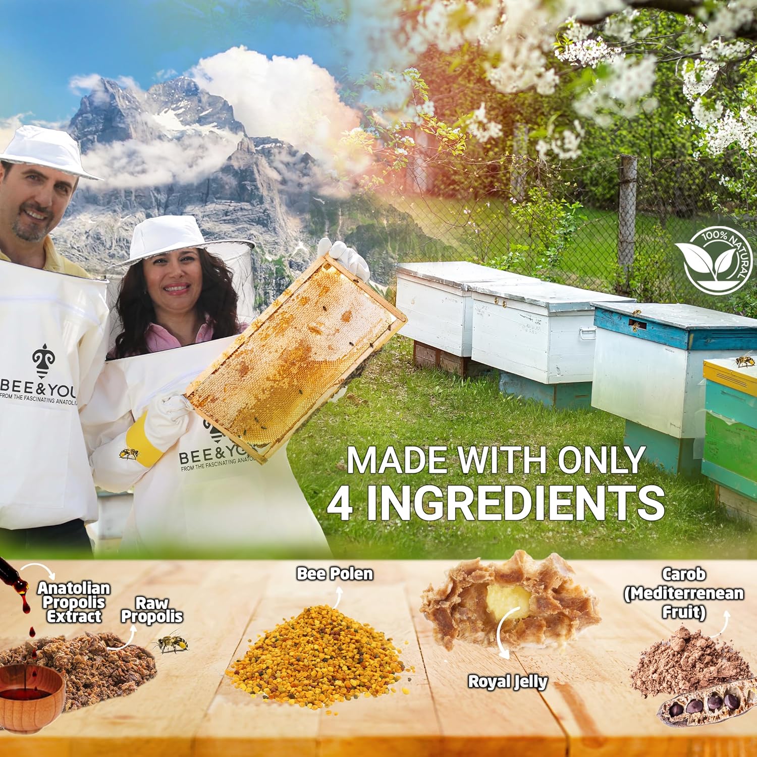 Bee and You Royal Jelly Tablet, Propolis Extract, Bee Pollen, 100% Natural Superfood, Ultra Pure, Immune Support Supplement, Improve Energy, Focus, Antioxidants, Fresh, Keto, Paleo, Gluten-Free | 60ct