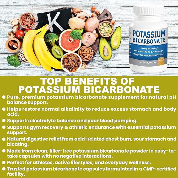 Pure Potassium Bicarbonate Supplement Capsules pH Balance Pills, High Potassium Electrolytes 1200mg Serv. USA Made Bicarbonate Food Grade, Acid-Alkaline Balance Immunity Endurance 120 caps