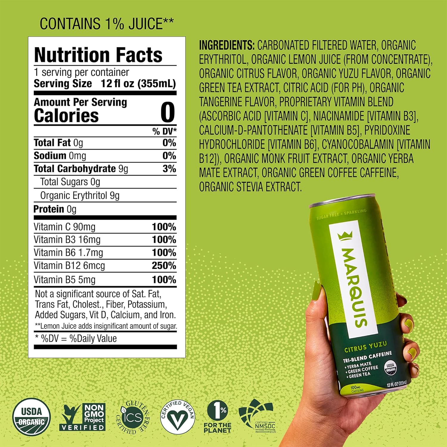 Marquis - Natural Energy Drink - Citrus Yuzu - Sugar Free - 0 Calories - 100mg of Organic Plant Based Caffeine - Yerba Mate - Green Tea - Vitamin C & B Vitamins - Vegan - 12 oz Cans - 12 Pack