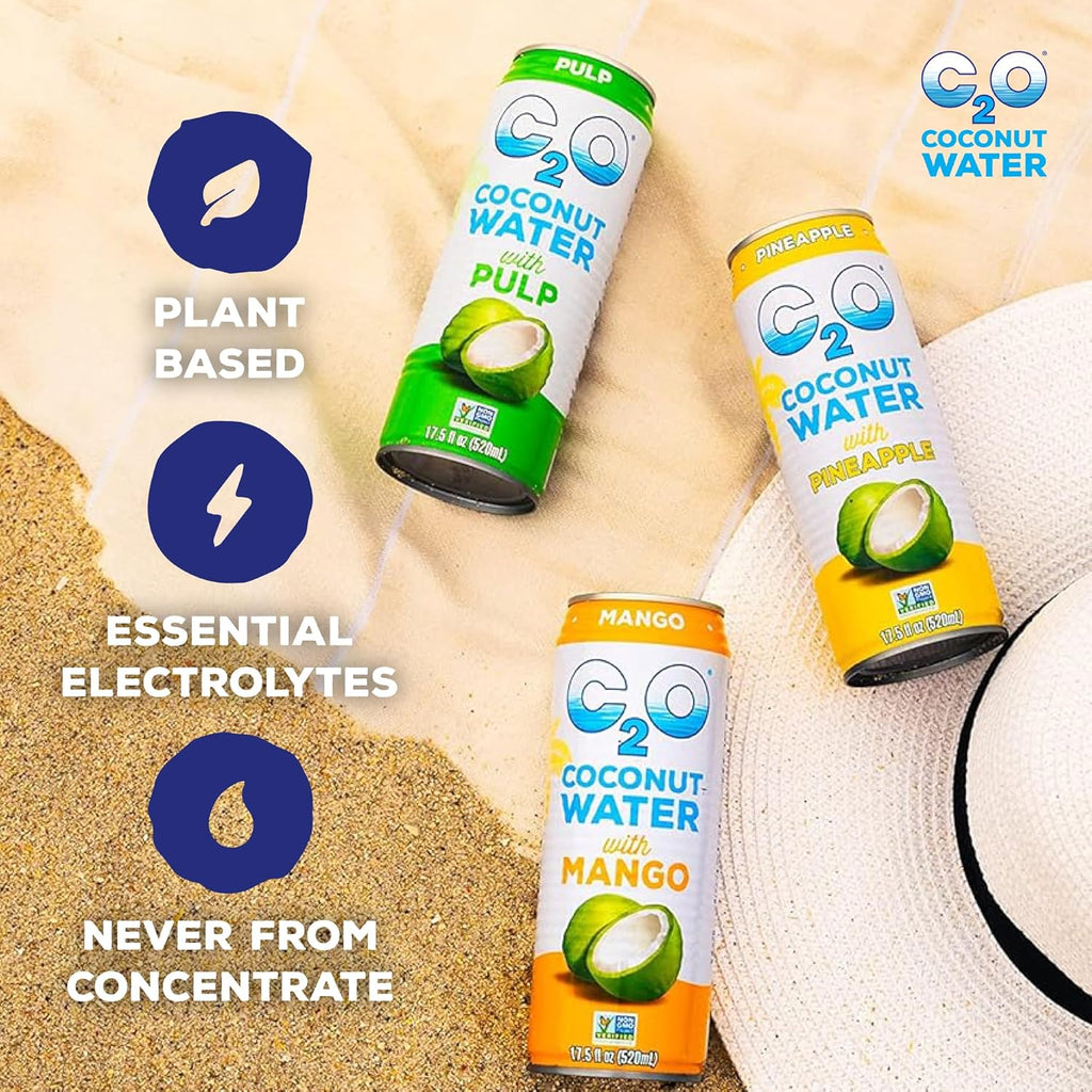 C2O - Coconut Water with Mango (12 Pack) - Made with Fresh Coconut Water - Plant Based - Non GMO - Canned Water - Natural Hydration, Essential Electrolytes, & Potassium - 12 Cans, 17.5 FL OZ