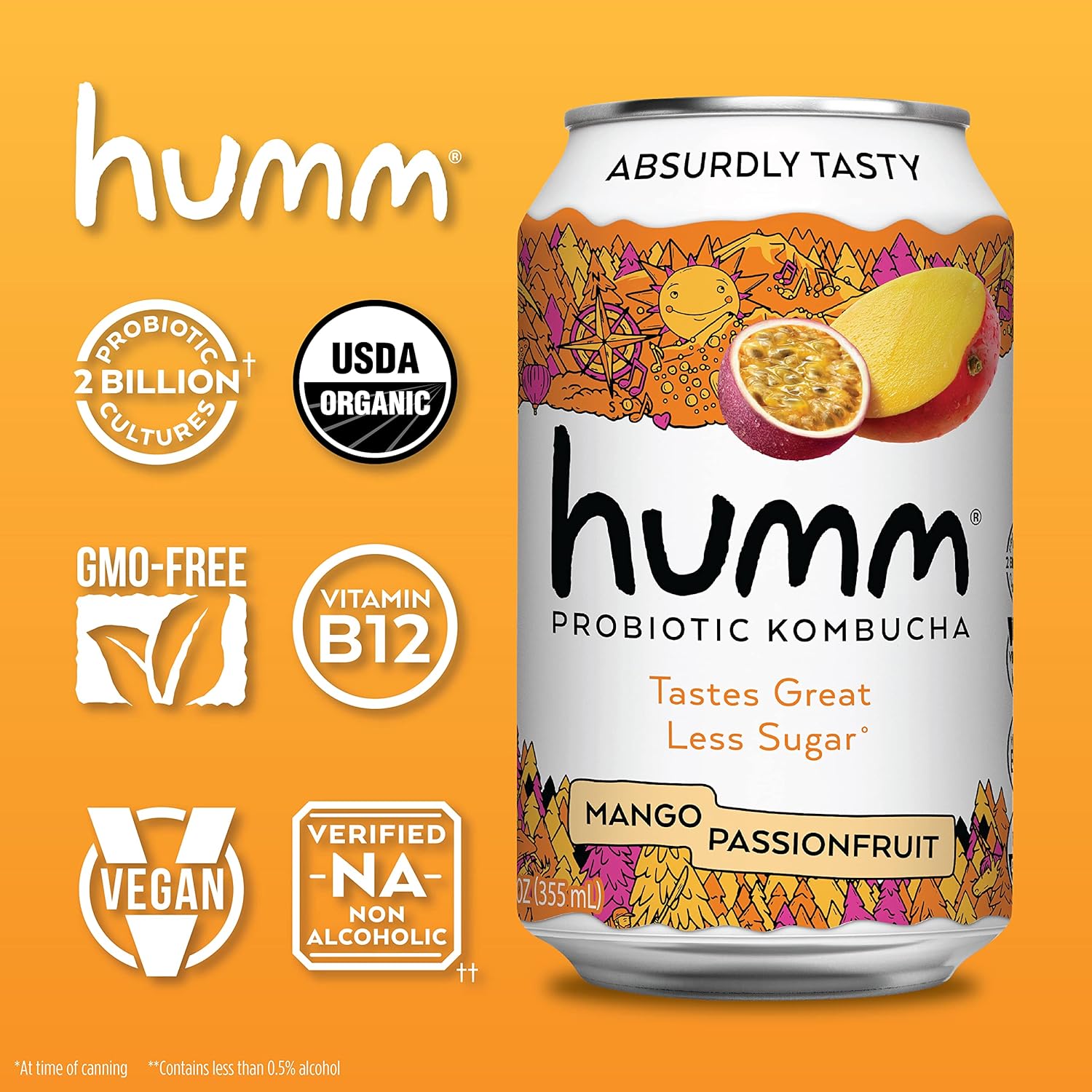 Humm Kombucha Mango Passionfruit, Organic, Vegan & GMO Free (24 Pack)