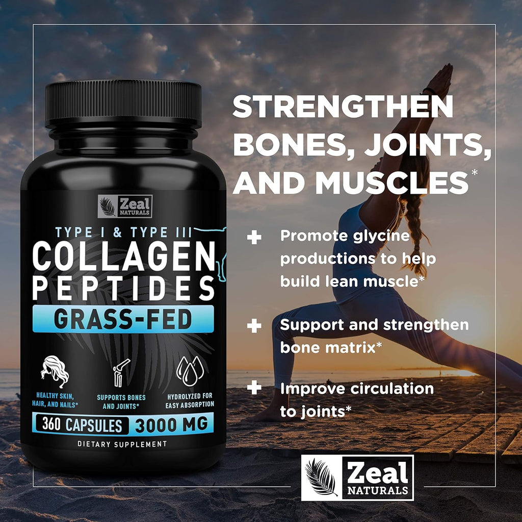Zeal Naturals Collagen Peptides Collagen Pills (360 Capsules) Grass Fed Collagen Pepetide Powder - Hydrolyzed Collagen Powder for JointTendon SupplementHair Skin and Nails -