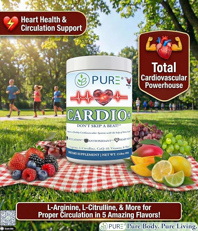 PURE Cardio+ Drink Mix, Grape, L-Arginine 5000mg, L-Citrulline 1000mg, Vitamins B12, C, D3, Beet Root, 30 Servings, 381 Grams (Pack of 1), Premium Wellness Support, Nitric Oxide, Cardio