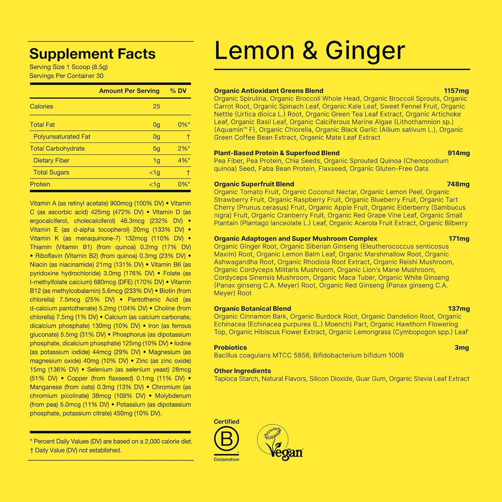 Huel Daily Greens Single Serve Lemon and Ginger | Superfood Greens Powder | 91 Vitamins, Minerals, and Wholefood-Sourced Ingredients | Adaptogens, Antioxidants, Gut-Friendly Probiotics | 12 Pack