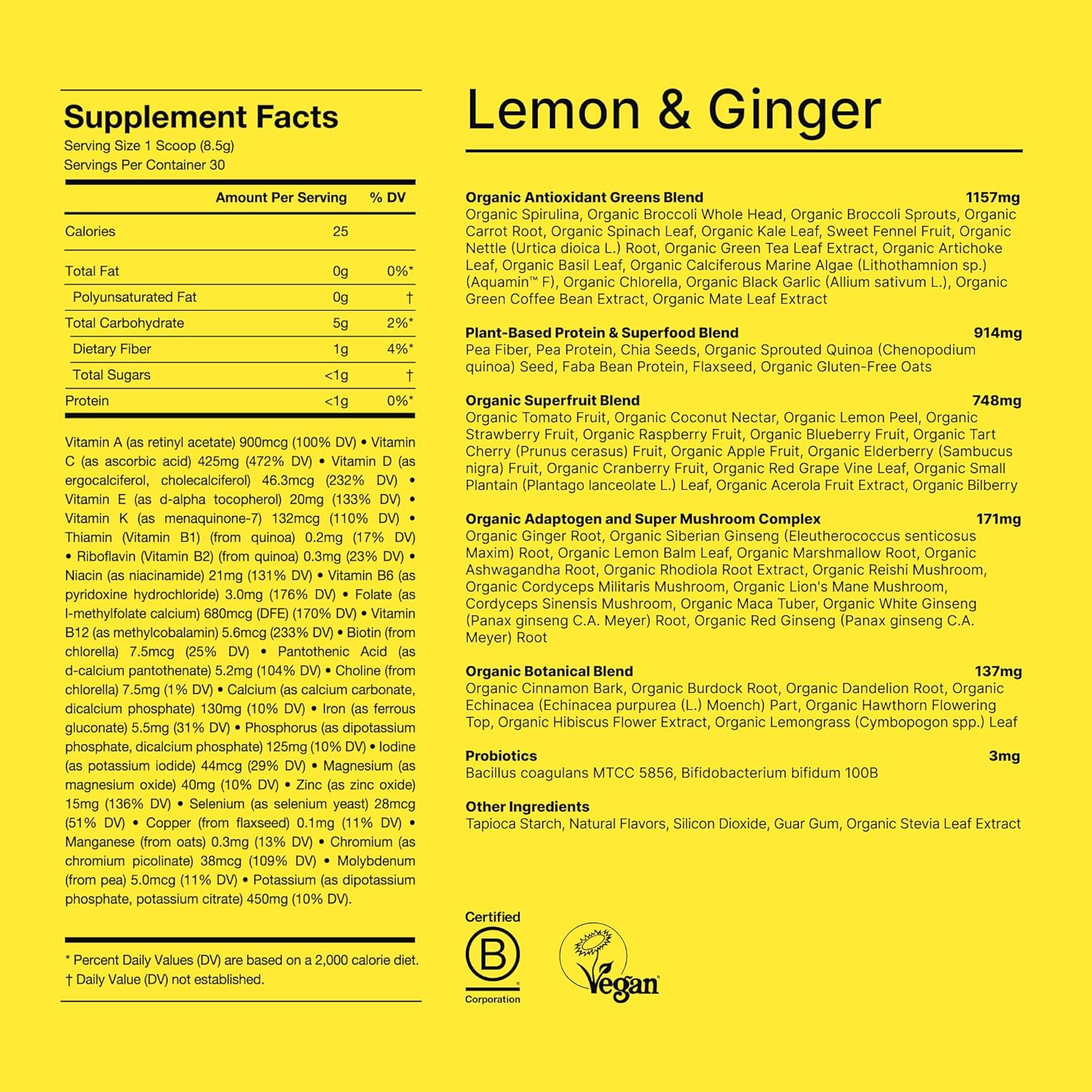 Huel Daily Greens Single Serve Lemon and Ginger | Superfood Greens Powder | 91 Vitamins, Minerals, and Wholefood-Sourced Ingredients | Adaptogens, Antioxidants, Gut-Friendly Probiotics | 12 Pack