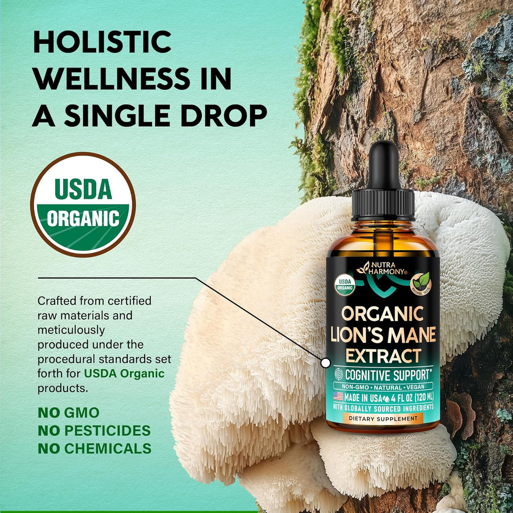 Lions Mane Liquid - USDA Certified Organic Lions Mane Supplement - Brain Support, Energy, Memory & Focus - Sugar & Alcohol-Free Lion's Mane Mushroom Extract 144,000 mg / Bottle, 4fl oz, 4 Month Supply