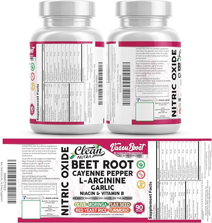 Vascu Boost Beet Root Cayenne Pepper Nitric Oxide Supplement L-Arginine Garlic Niacin Vitamin B Red Yeast Rice Flax Seed Turmeric Curcumin Supplement 90 Capsules by Clean Nutra