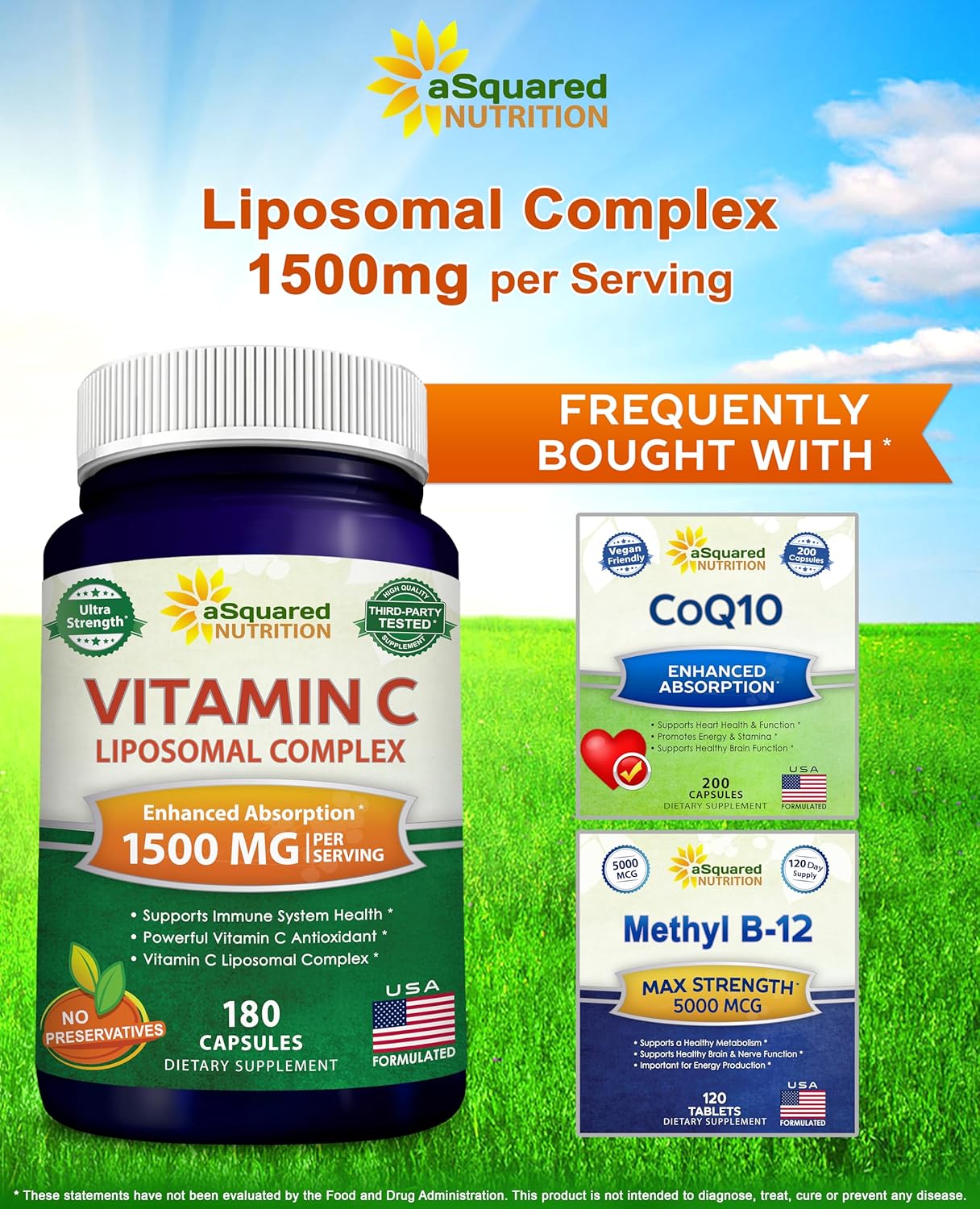 aSquared Nutrition Vitamin C Liposomal Complex - 1500mg Supplement - 180 Capsules - High Absorption VIT C Ascorbic Acid Pills - Supports Immune System & Collagen Health - 90 Servings