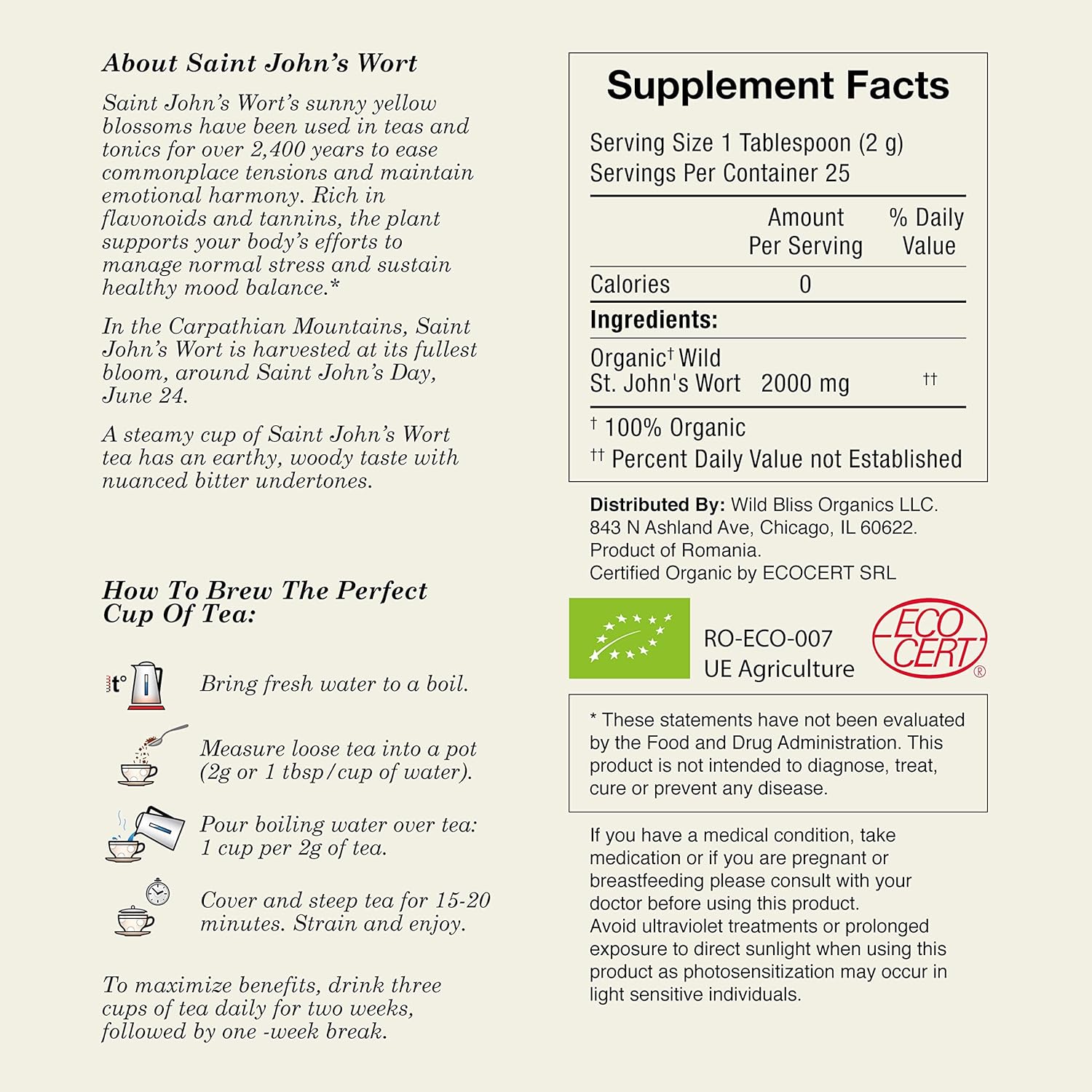 Wild Bliss Organic St Johns Wort Herbal Tea - Caffeine Free Mood Balance Support Tea - Pharmacopoeia Potency - 20 Plant Based Tea Bags