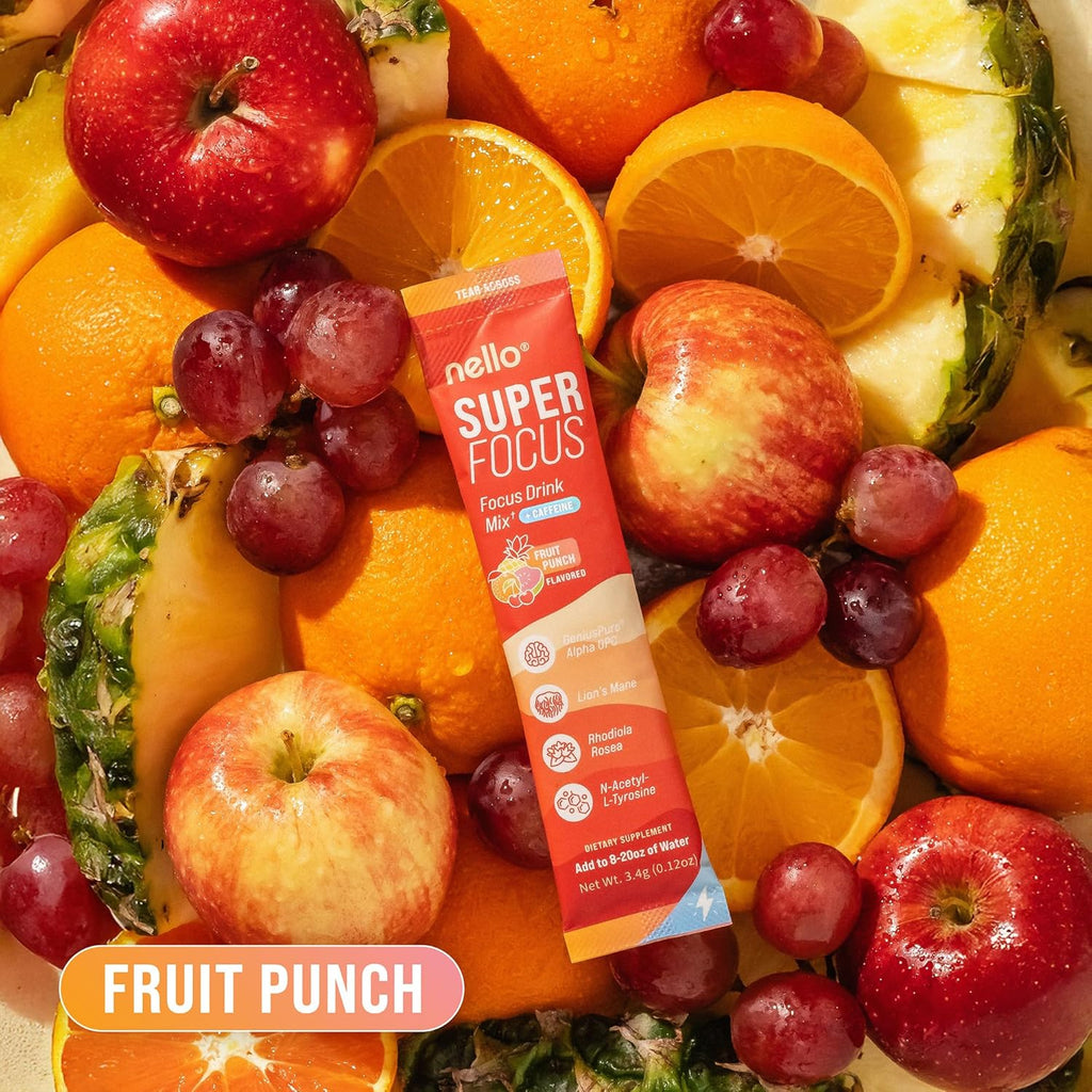 Nello SuperFocus Fruit Punch with Caffeine– Nootropic Focus Drink Mix, 20 On-The-Go Packets, Alpha GPC, Lion’s Mane, Rhodiola, Sugar-Free