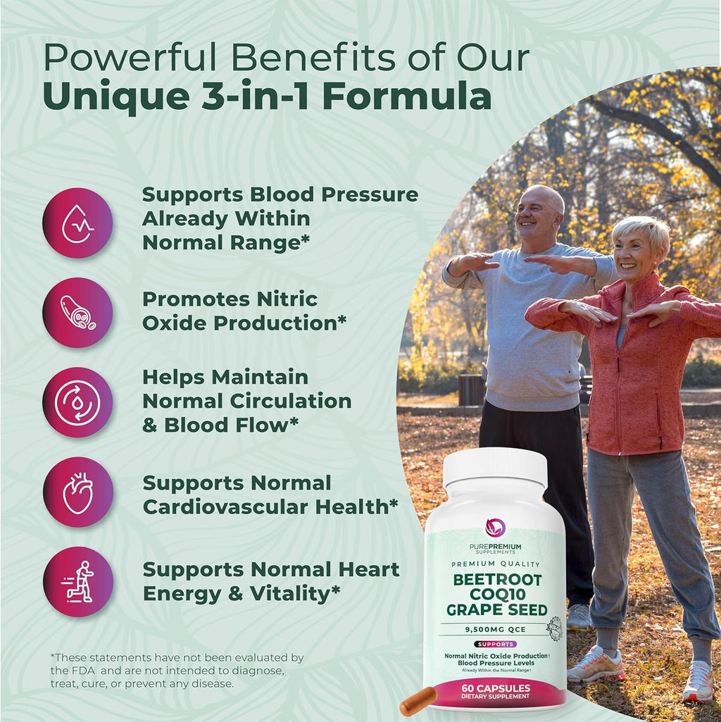 PurePremium Beet Root Capsules - 3-in-1 Blood Pressure Supplements with Beets, CoQ10 & Grapeseed - Beetroot Capsules Nitric Oxide Supplement for Normal Heart Health & Circulation Health - 60ct