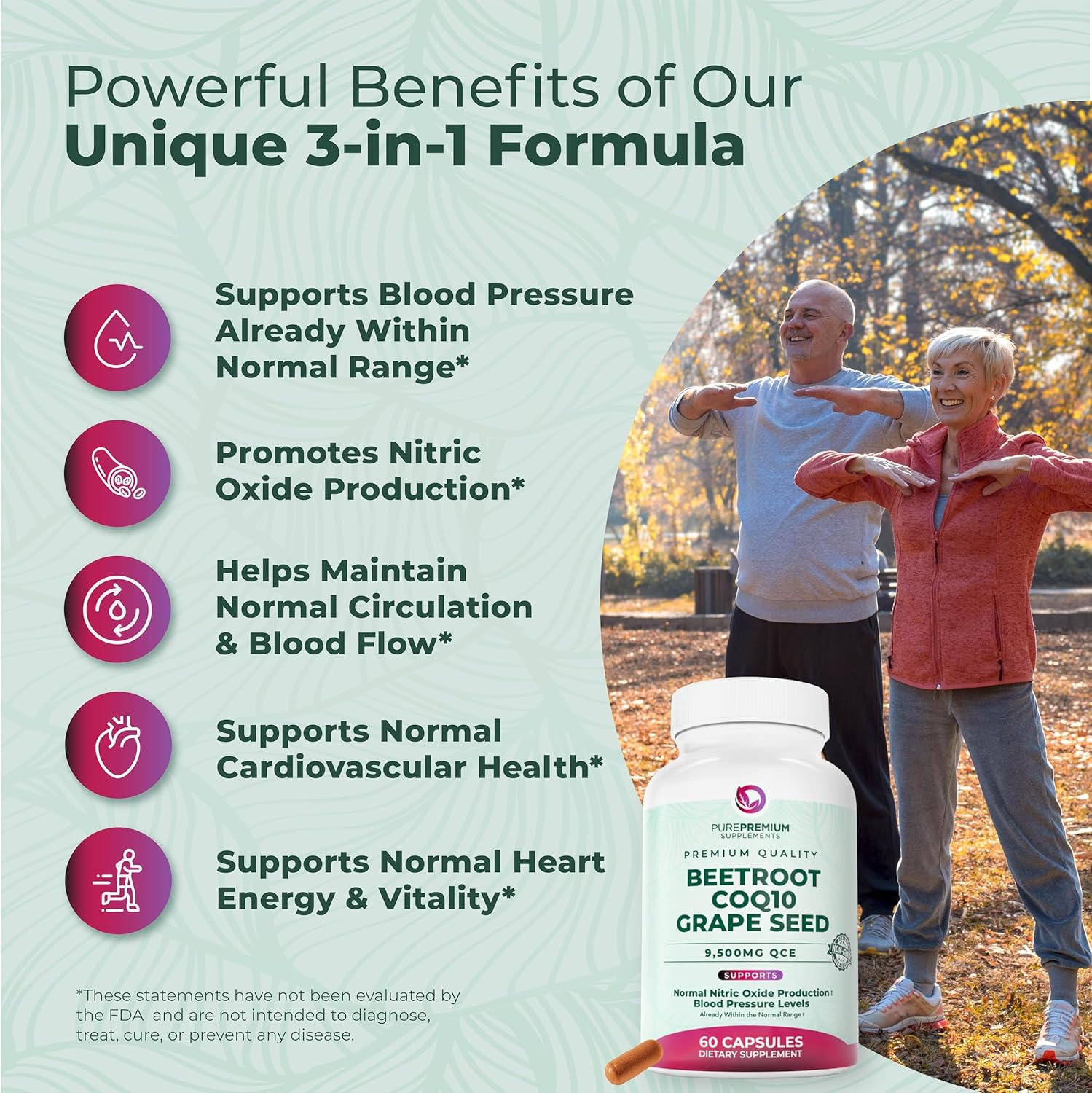 PurePremium Beet Root Capsules - 3-in-1 Blood Pressure Supplements with Beets, CoQ10 & Grapeseed - Beetroot Capsules Nitric Oxide Supplement for Normal Heart Health & Circulation Health - 60ct
