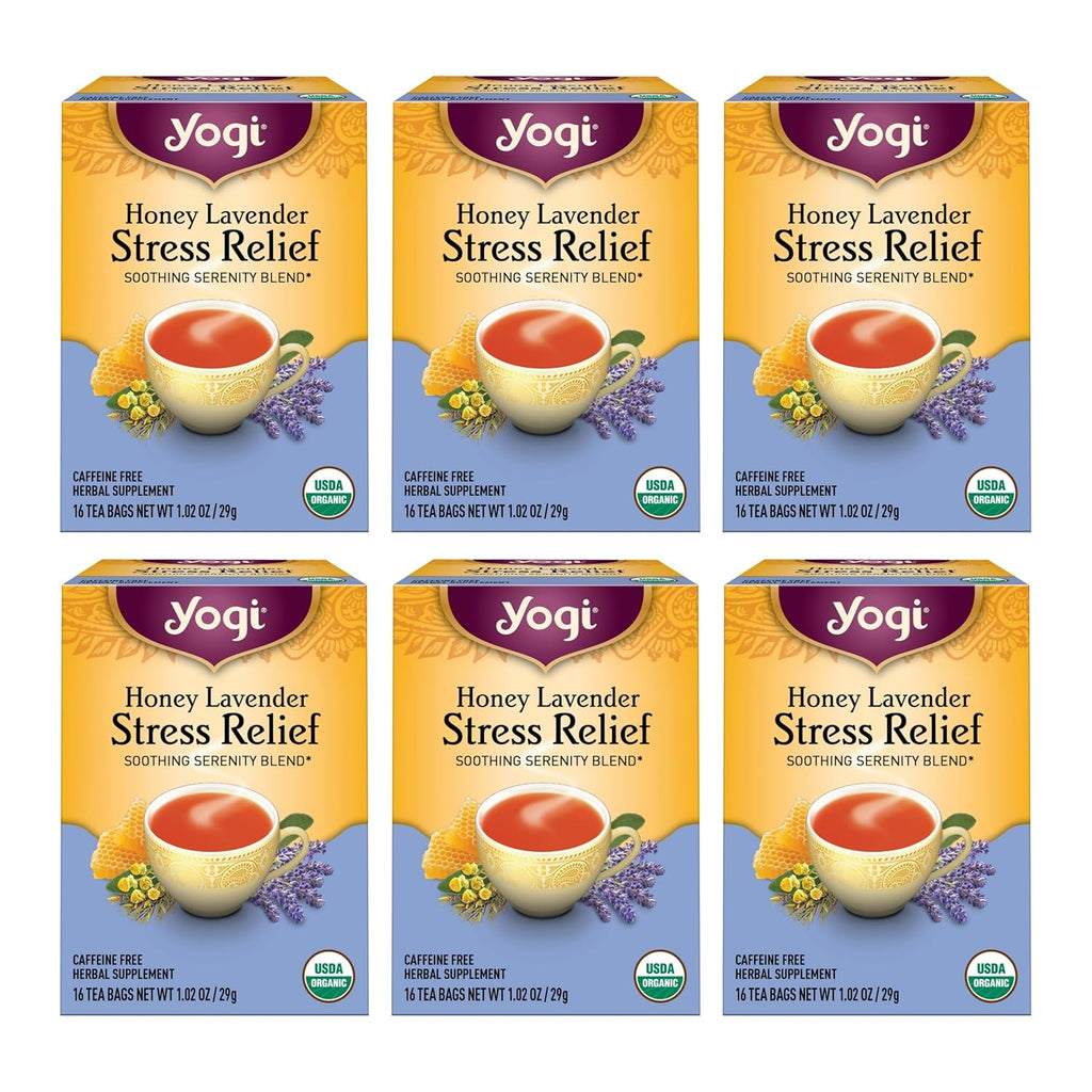 Yogi Tea Honey Lavender Stress Relief Tea - 16 Tea Bags per Pack (6 Packs) - Organic Chamomile Lavender Tea - Includes Lemon Balm, Lemongrass, Spearmint Leaf, Peppermint Leaf, Honey Flavor & More