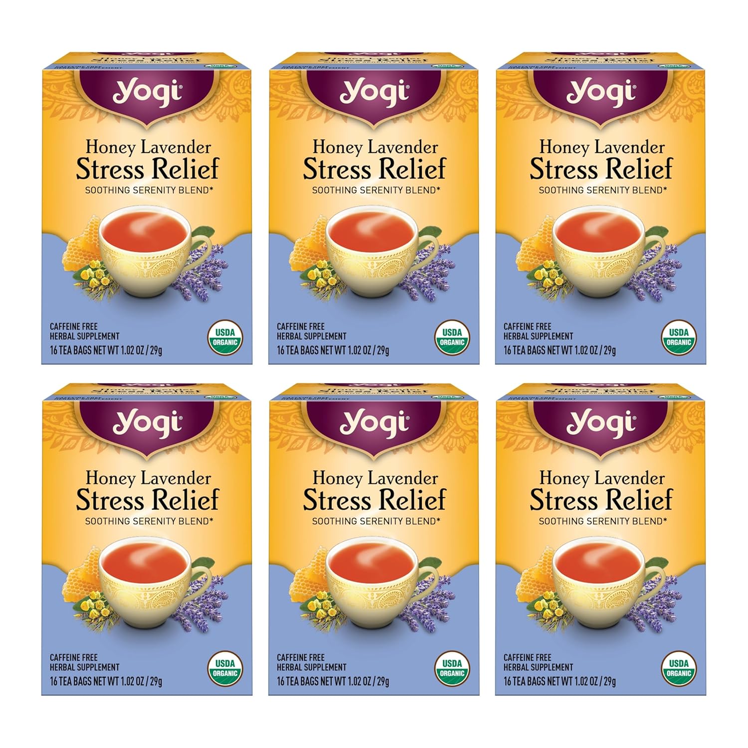 Yogi Tea Honey Lavender Stress Relief Tea - 16 Tea Bags per Pack (6 Packs) - Organic Chamomile Lavender Tea - Includes Lemon Balm, Lemongrass, Spearmint Leaf, Peppermint Leaf, Honey Flavor & More