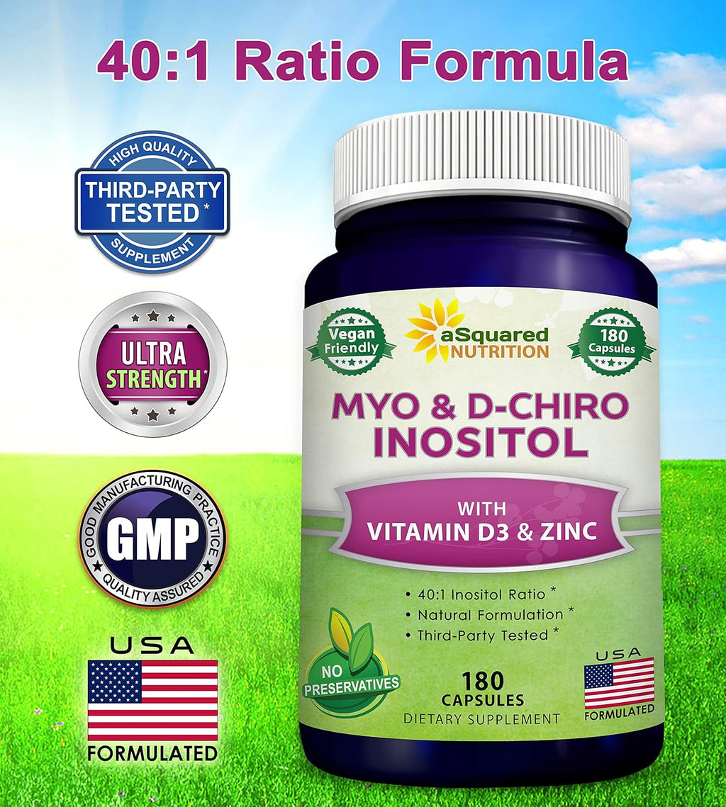 aSquared Nutrition Myo-Inositol & D-Chiro Inositol Supplement - 180 Capsules - Plus Vitamin D3 and Zinc - Myo & D-Chiro Inositol 40 to 1 Ratio - VIT B8 Complex Pills