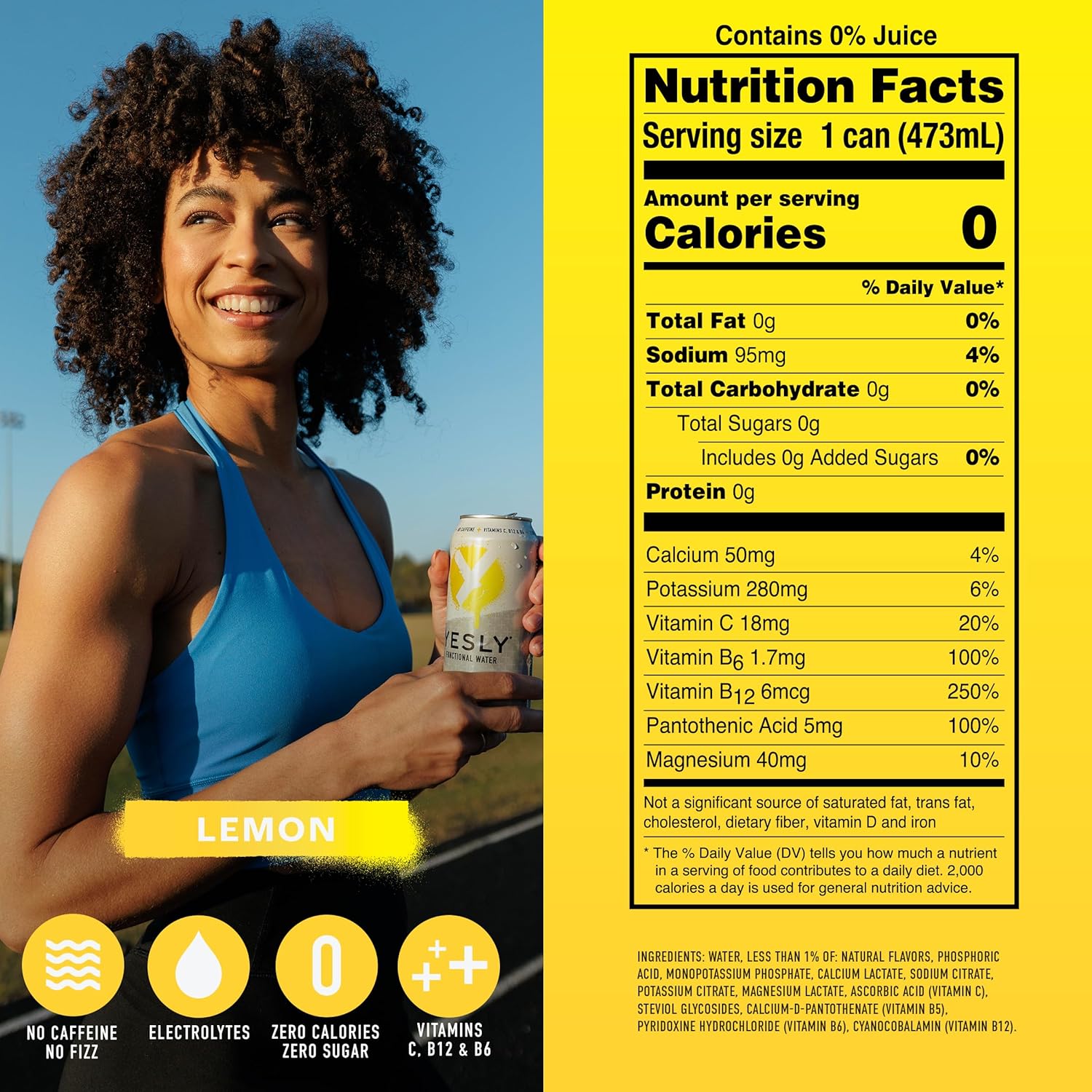 Yesly Functional Water, Variety Pack, Naturally Flavored Still Water with Electrolytes, Magnesium, Potassium, Vitamin C, B6 & B12, Zero Sugar, No Artificial Sweeteners, 16 Fl Oz Cans, 12 Pack