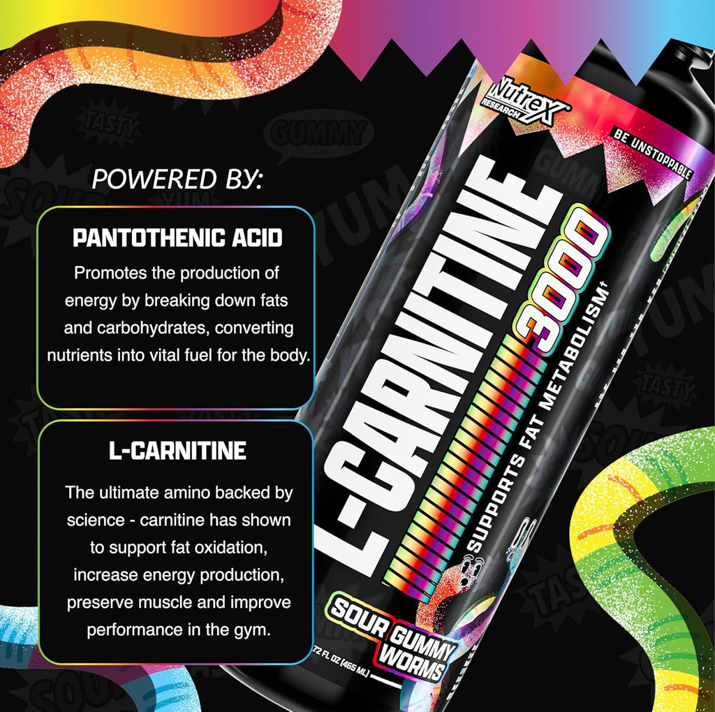 Nutrex Research Liquid Carnitine 3000 – Sour Gummy Worms | L-Carnitine Liquid Shots, Stimulant Free | Supports Muscle Recovery for Men and Women