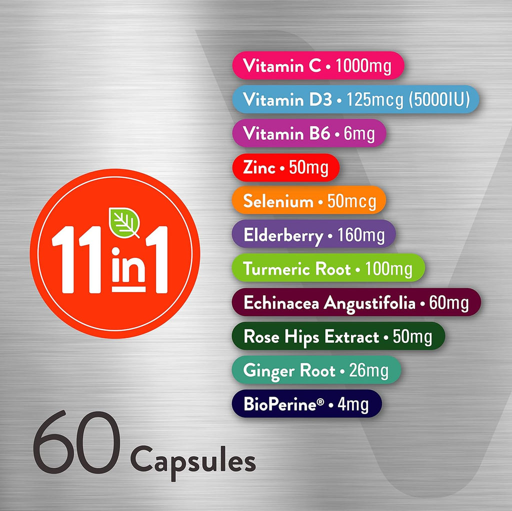 Viteey 11 in 1 Immune Support Supplement - Immune Defense with Vitamin D3, B6, Echinacea, Turmeric, Rose-HIPS, Selenium, BioPerine, Ginger, Elderberry Vitamin C and Zinc - 60 Count