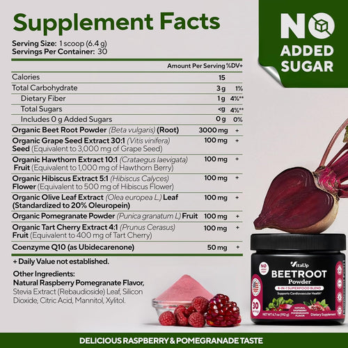 Beet Root Powder 8 in 1 - USA Made Beets Supplements with Grape Seed, Hawthorn, Coq10 – Beetroot Powder for Energy & Circulation Support – Non-GMO & Vegan - Mixed Berry Flavor - 30 Servings