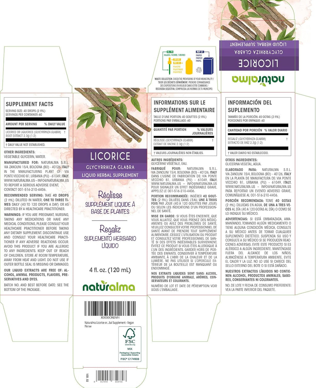 Naturalma Licorice or Liquorice (Glycyrrhiza glabra) Root Alcohol-Free Tincture - 4 fl oz Liquid Extract in Drops - Herbal Supplement - Vegan