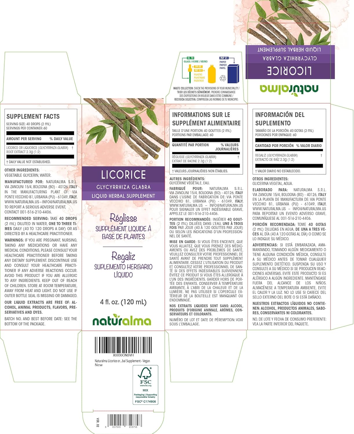 Naturalma Licorice or Liquorice (Glycyrrhiza glabra) Root Alcohol-Free Tincture - 4 fl oz Liquid Extract in Drops - Herbal Supplement - Vegan