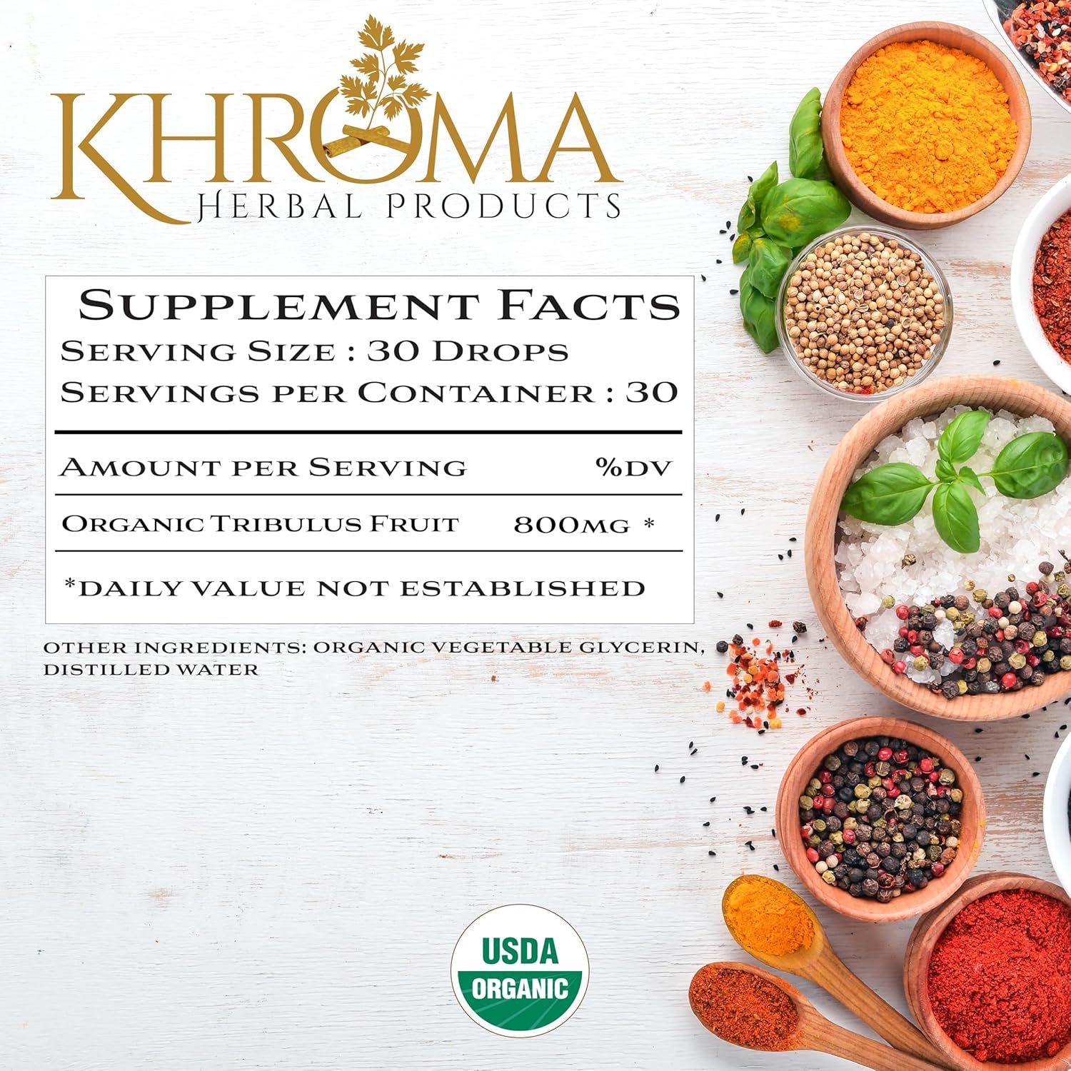 Khroma Herbal Products Organic Tribulus 30 Servings - 800 MG - Max Strength Liquid - Alcohol-Free - 2 FL OZ