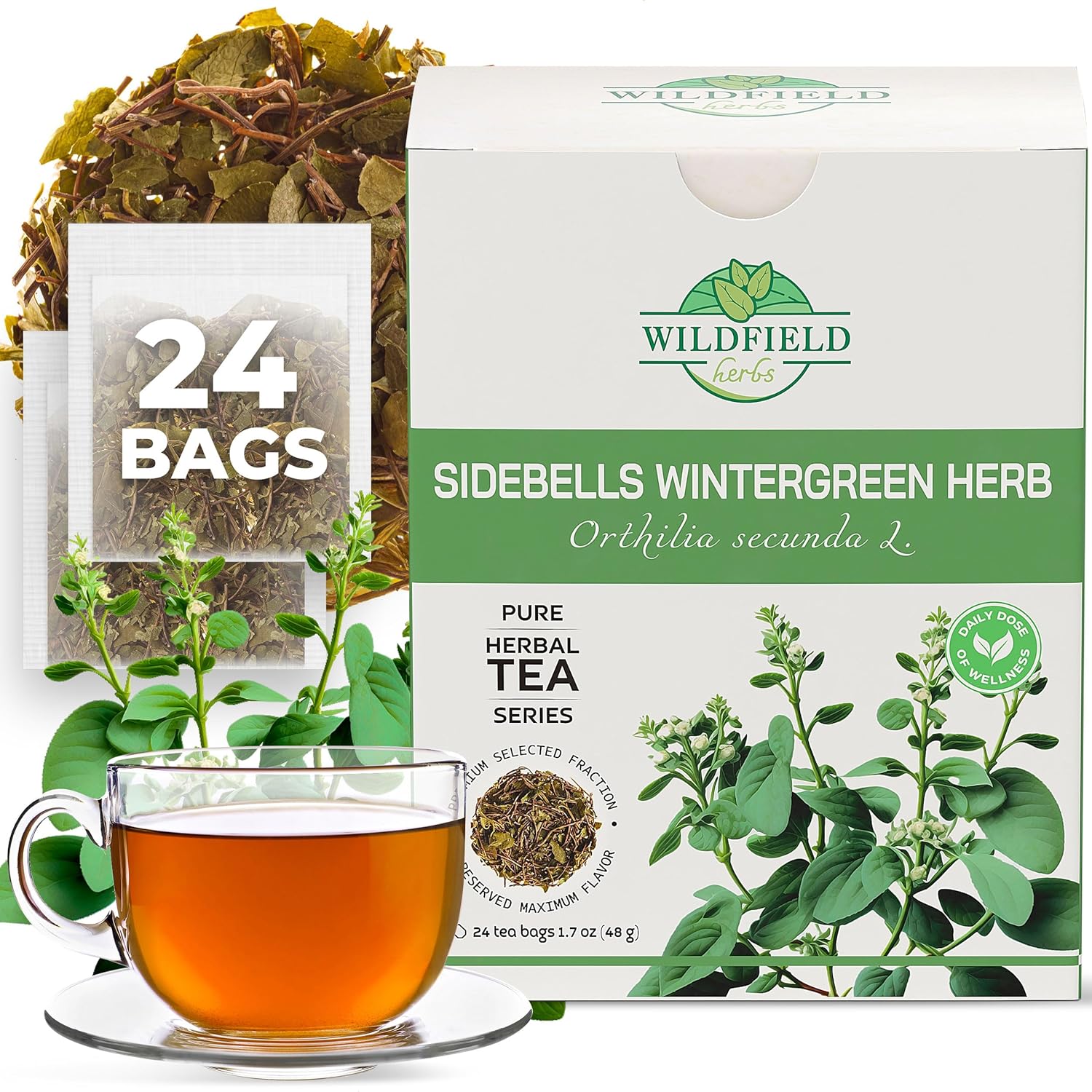 24 Bags Dried Cut Sidebells Wintergreen Herb Tea (Orthilia Secunda) - 24 Count 2g Tea Bags One-Sided Wintergreen Orthilia (Peralito)