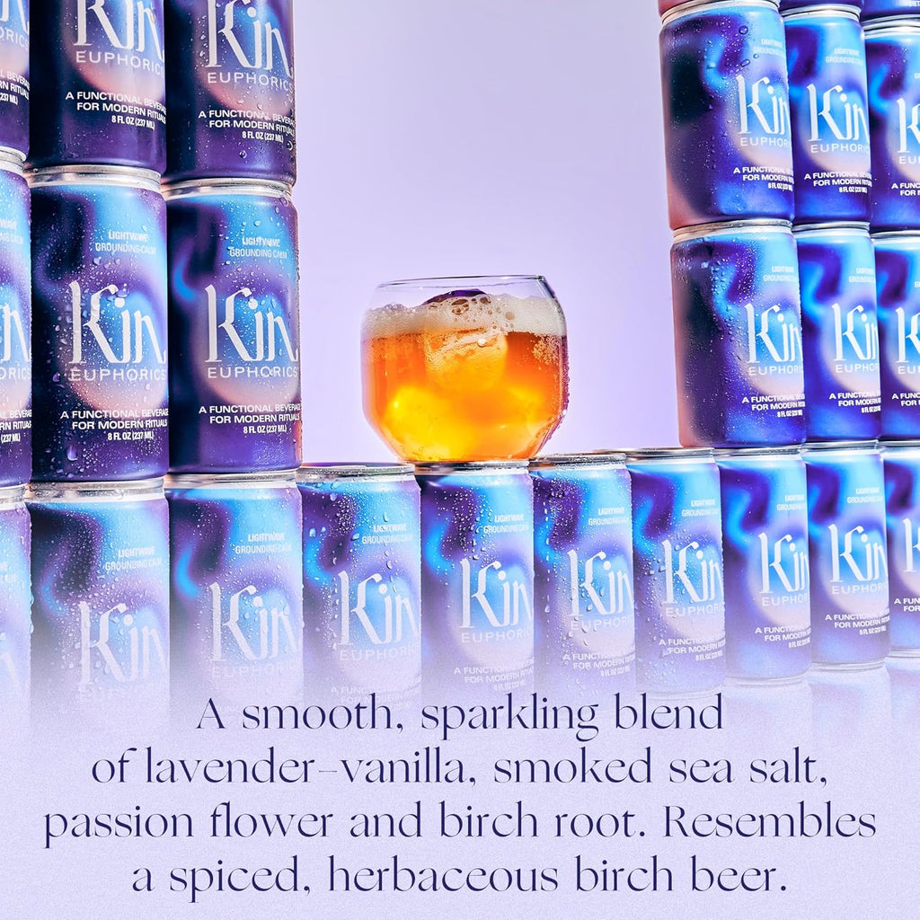 Kin Euphorics Lightwave Non-Alcoholic Functional Beverage | Calm the Mind & Mellow the Mood | Adaptogens, Nootropics, Reishi Mushroom & L-Theanine | 8 Fl Oz (24pk)
