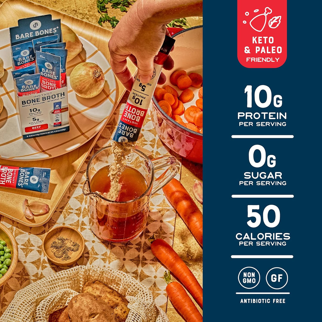 Bare Bones Beef Bone Broth Instant Powdered Mix | Rich Savory Packets on-the-Go No Artificial Flavors | 100% Grass Fed Keto & Paleo Friendly | 10g Protein | 12 Pack
