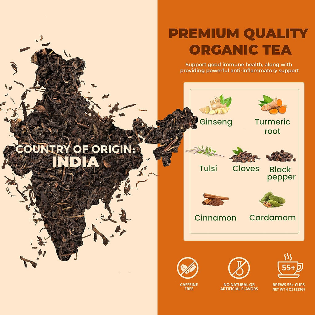 Organic Turmeric Ginger Tulsi Chai Tea | Loose Leaf | Ayurvedic Superfood Blend | Herbal and Caffeine-Free | 55+ Cups | KSA Kosher | 4 oz