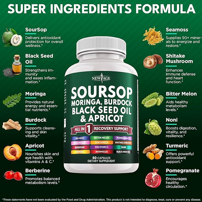 Soursop Supplement - Moringa, Sea Moss, Black Seed Oil, Berberine, Turmeric, Apricot, Quercetin, Greens, Bitters, Boswellia, Bitter Melon, Burdock Root - 180 Capsules