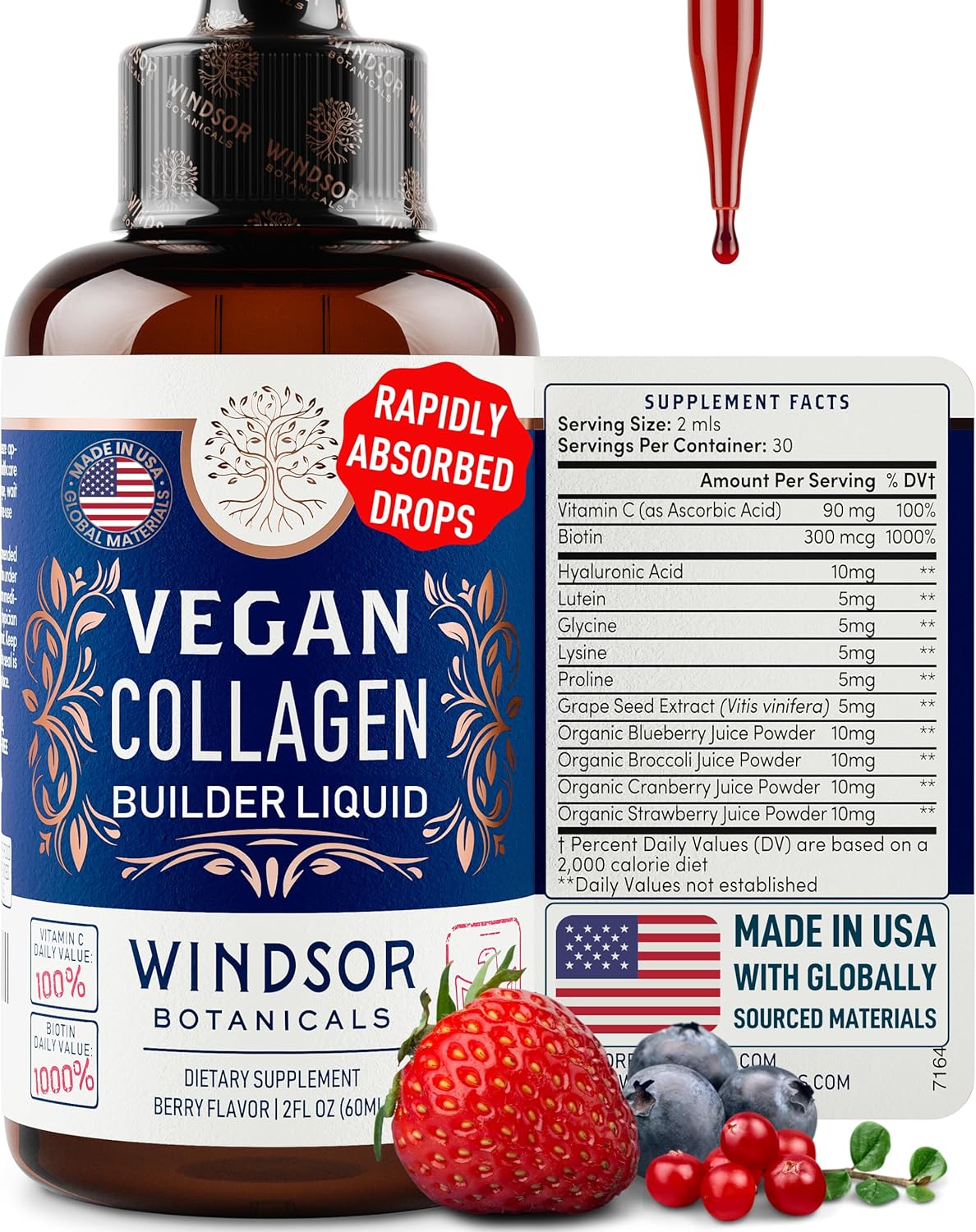 Vegan Collagen Builder Liquid Supplement - Collagen Booster with Vitamin C, Biotin, Hyaluronic Acid & Amino Acids - Organic Fruit & Vegetable Blend - 60ml, 30 Day